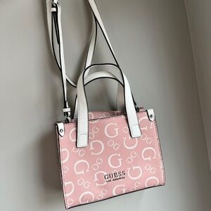 GUESS Pink Logo Satchel with White Handles and Strap